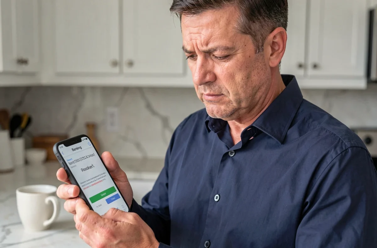Homme consultant son application mobile bancaire bloquée depuis sa cuisine, expression perplexe face au problème de connexion