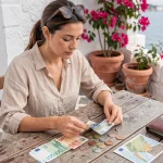 Femme comptant des euros en terrasse d'un café grec avec vue sur la mer Égée lors d'un séjour all inclusive en Grèce