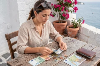 Femme comptant des euros en terrasse d'un café grec avec vue sur la mer Égée lors d'un séjour all inclusive en Grèce