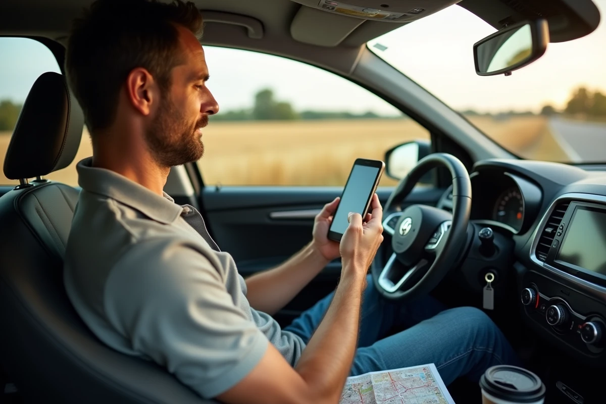 Conducteur consultant son téléphone et son Chèque Vacances ANCV au volant avant un départ en road trip en France