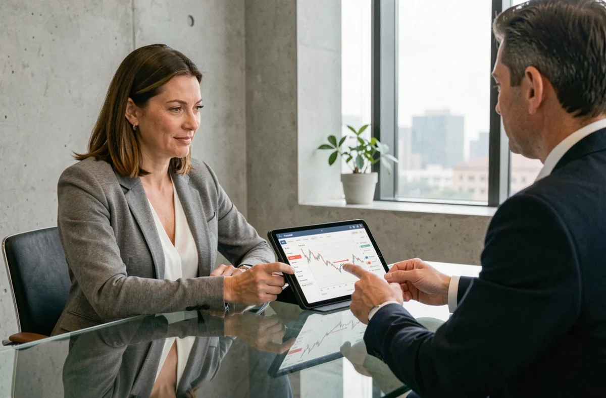Femme discutant des risques d'investissement en SCPI avec un conseiller financier en agence bancaire
