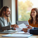 Conseiller financier souriant remettant un document de prêt à un couple