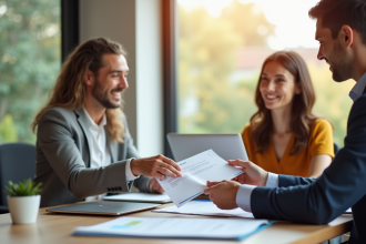 Conseiller financier souriant remettant un document de prêt à un couple