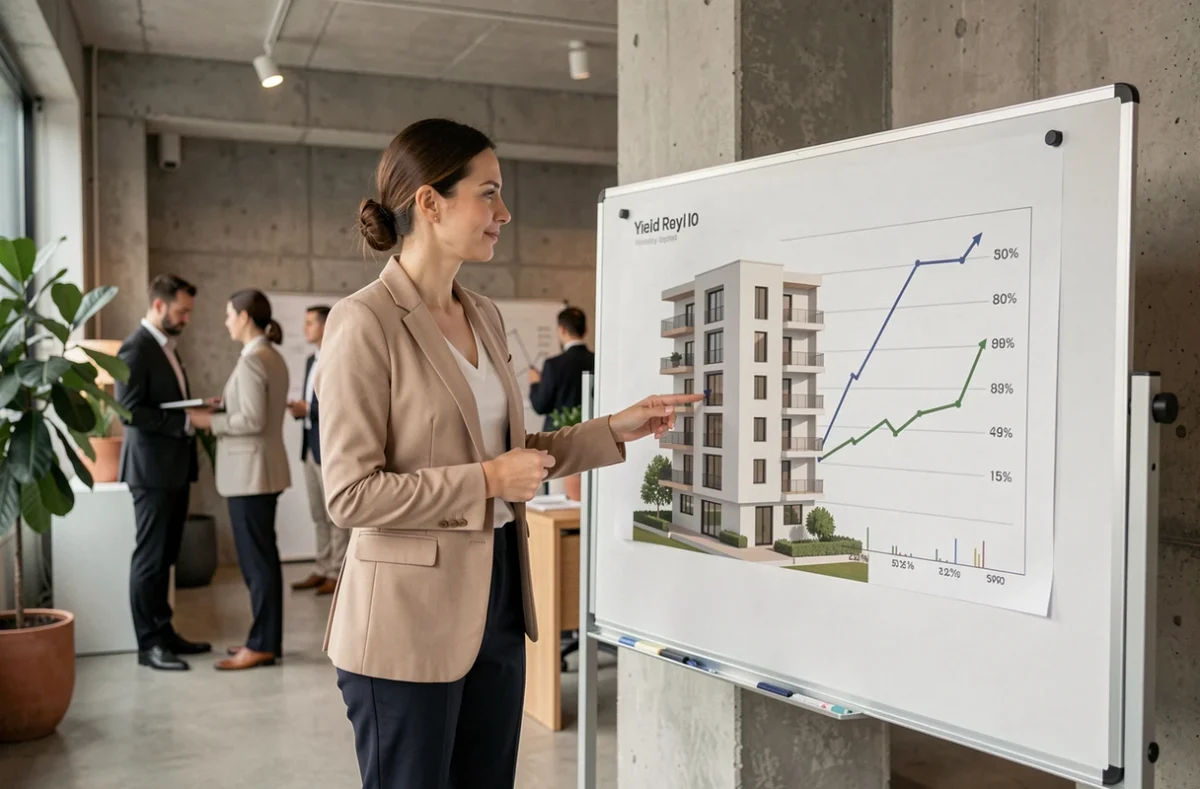 Une conseillère en investissement présente les rendements des SCPI devant un modèle architectural dans une agence immobilière moderne