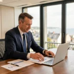 Conseiller en gestion de patrimoine en Vendée présentant des documents financiers dans un bureau moderne avec vue sur la côte
