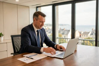 Conseiller en gestion de patrimoine en Vendée présentant des documents financiers dans un bureau moderne avec vue sur la côte