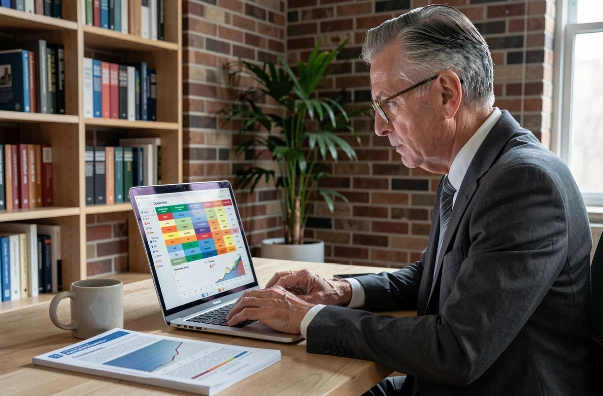 Homme d'affaires consultant le classement des meilleures SCPI sur ordinateur portable dans un bureau élégant