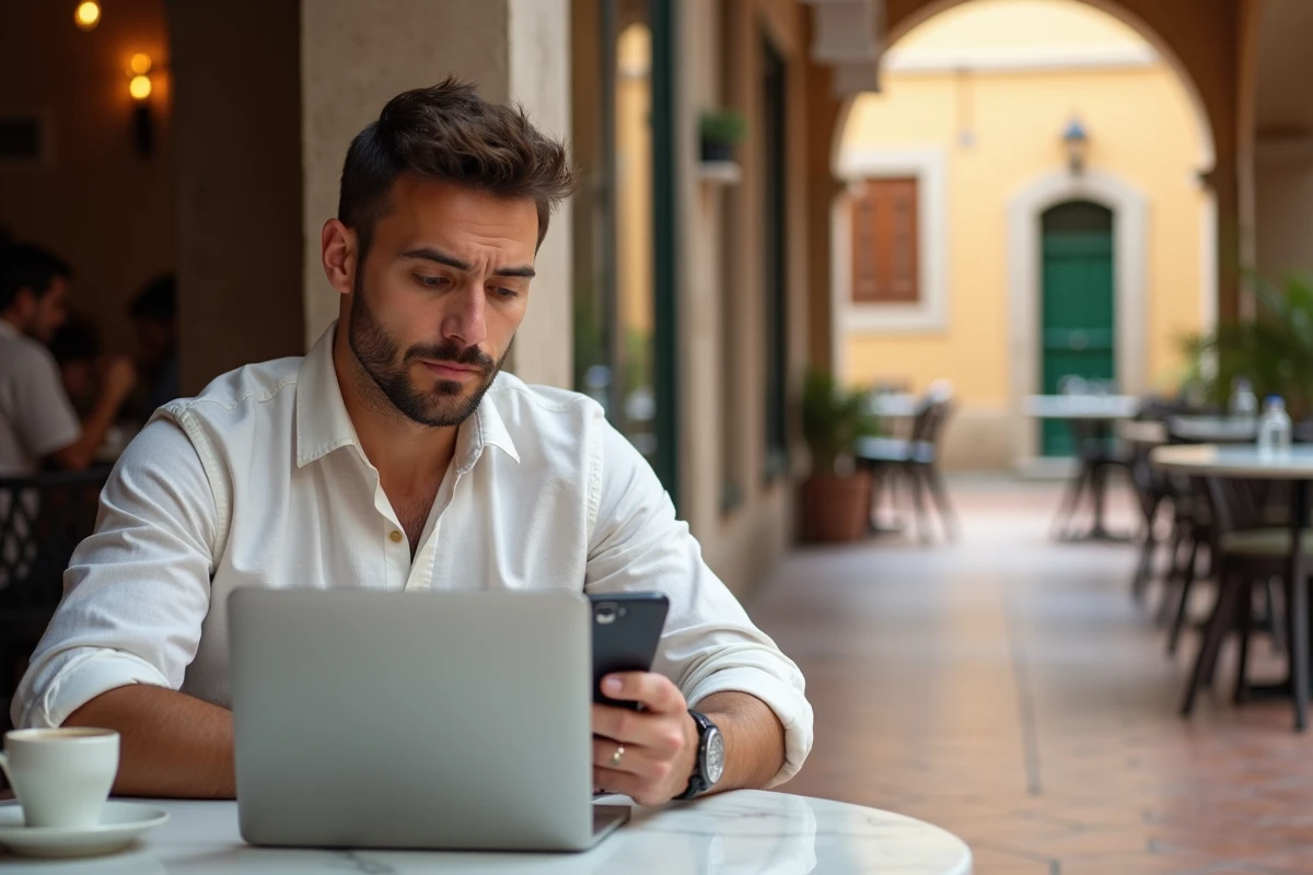 Homme utilisant son smartphone et son ordinateur pour payer ses cotisations URSSAF depuis l'étranger dans un café
