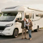 Couple examinant leur camping-car stationné sur une route de campagne française avec document d'assurance en main