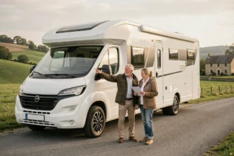 Couple examinant leur camping-car stationné sur une route de campagne française avec document d'assurance en main