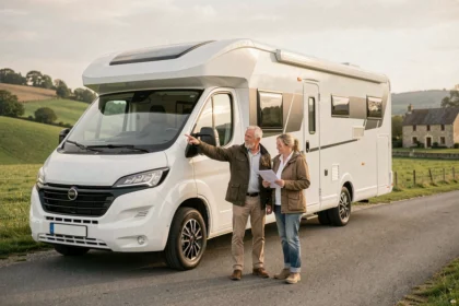 Couple examinant leur camping-car stationné sur une route de campagne française avec document d'assurance en main