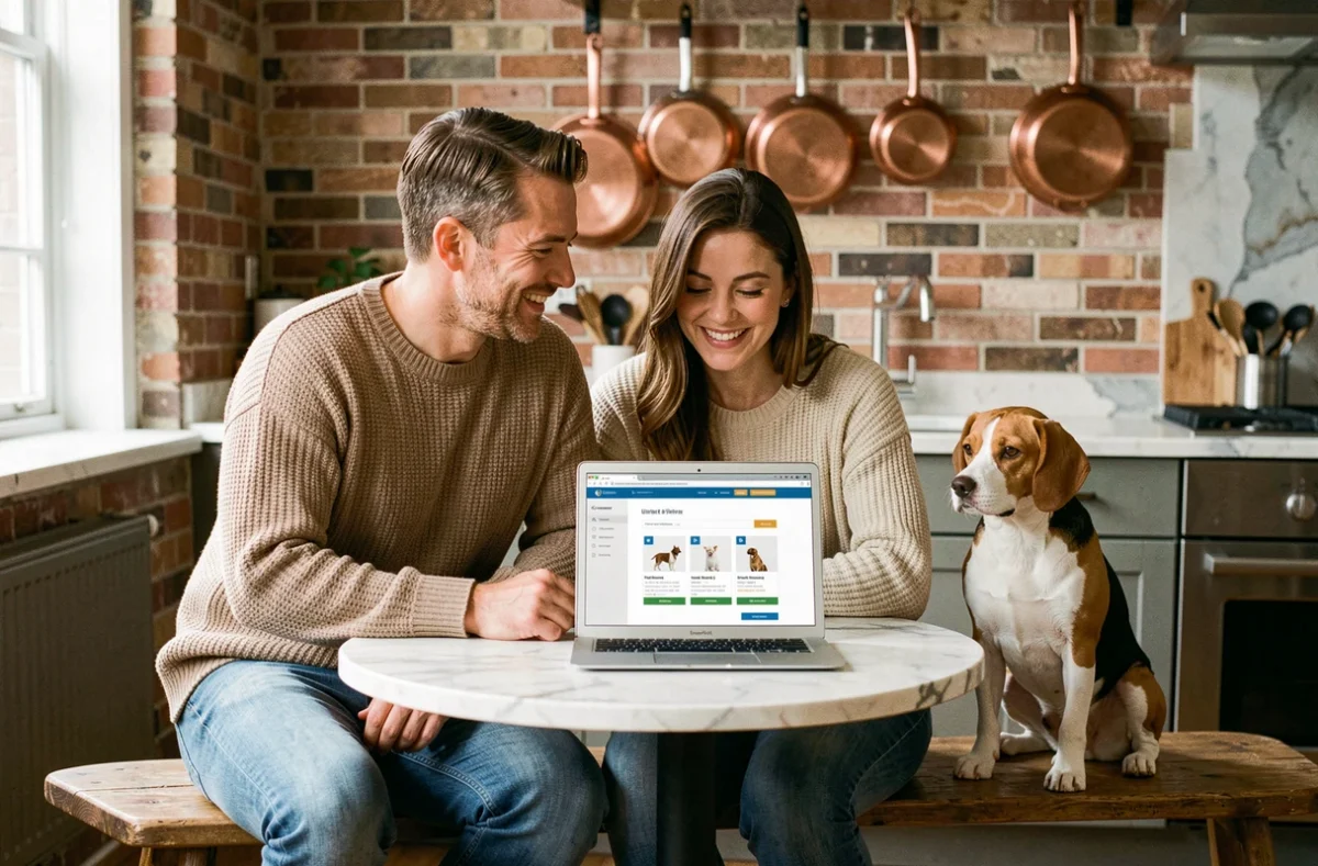 Couple comparant des offres d'assurance chien sur ordinateur avec leur beagle