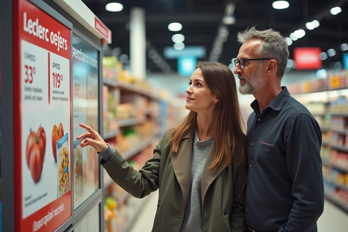 Couple lisant les conditions cachées d'une offre chèque différé Leclerc en rayon