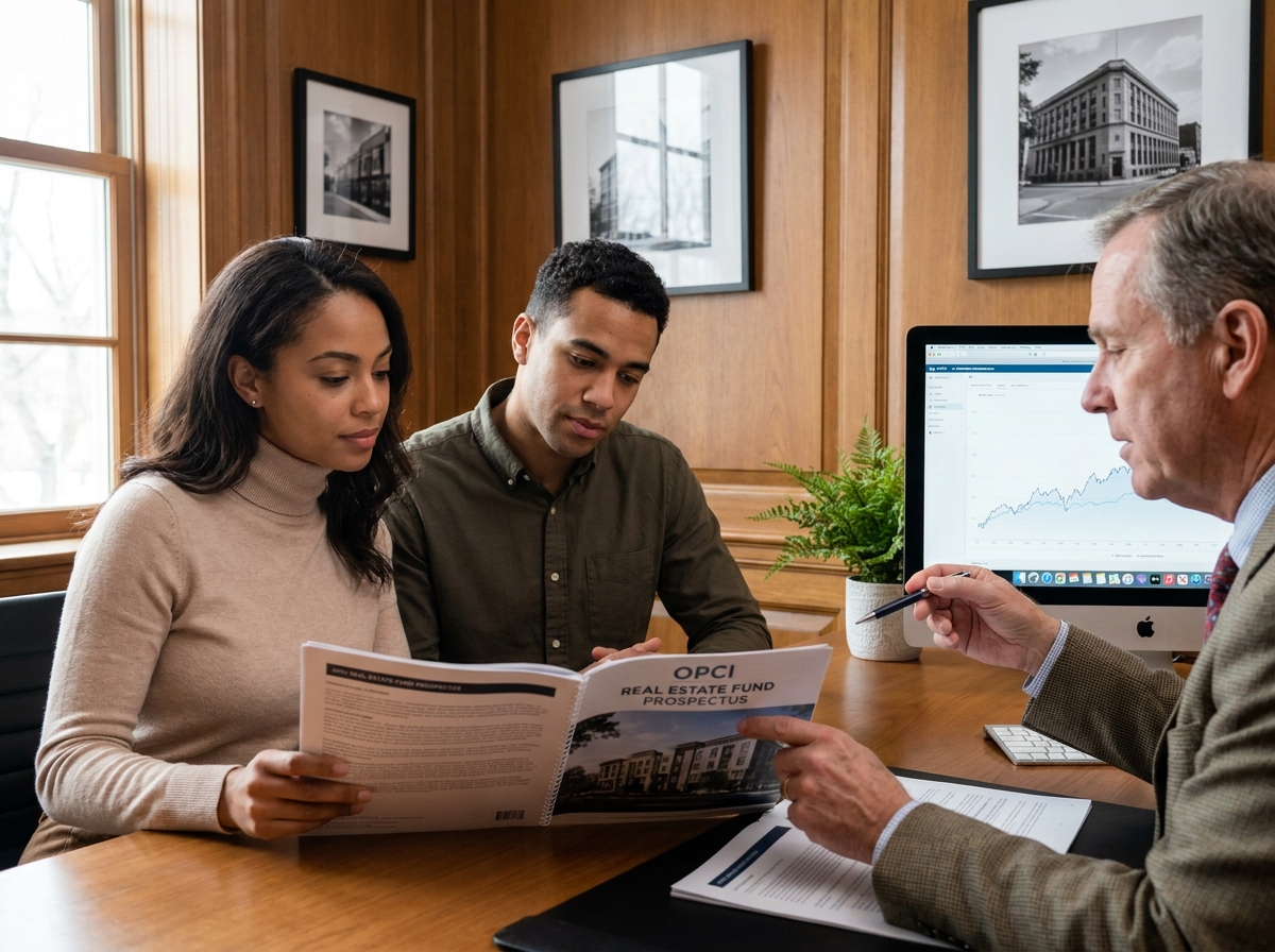 Jeune couple consultant un conseiller financier pour investir dans un fonds immobilier OPCI, examinant un prospectus détaillé en agence