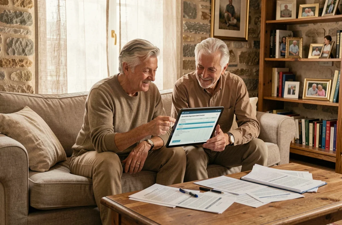 Couple gérant leur déclaration fiscale commune sur tablette dans leur salon