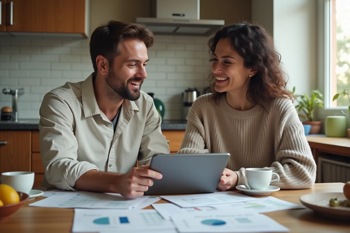 Couple discutant de leur budget familial autour d'une table de cuisine avec des documents financiers et une tablette, reflétant la gestion du pouvoir d'achat avec 40000 euros brut par an