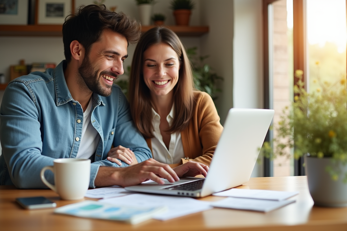 Jeune couple souriant discutant de finances à la maison