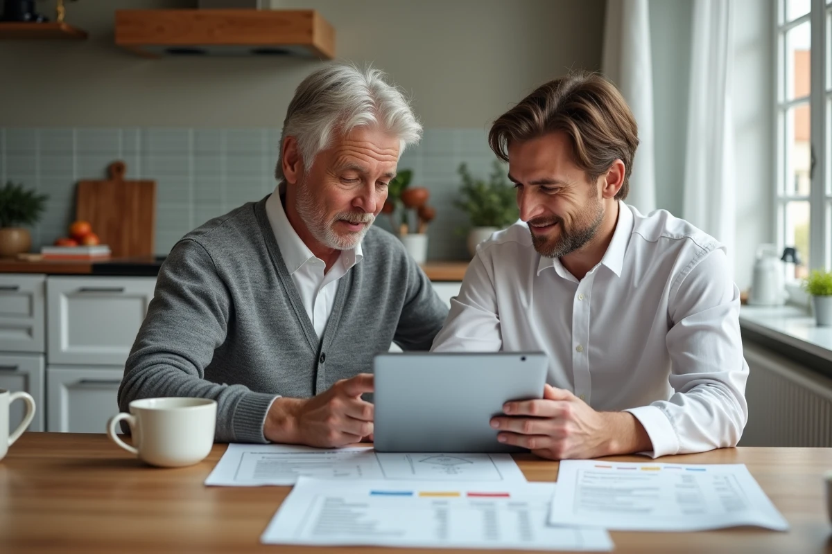Couple consultant ensemble leurs relevés de virements et prélèvements La Banque Postale sur tablette et documents papier