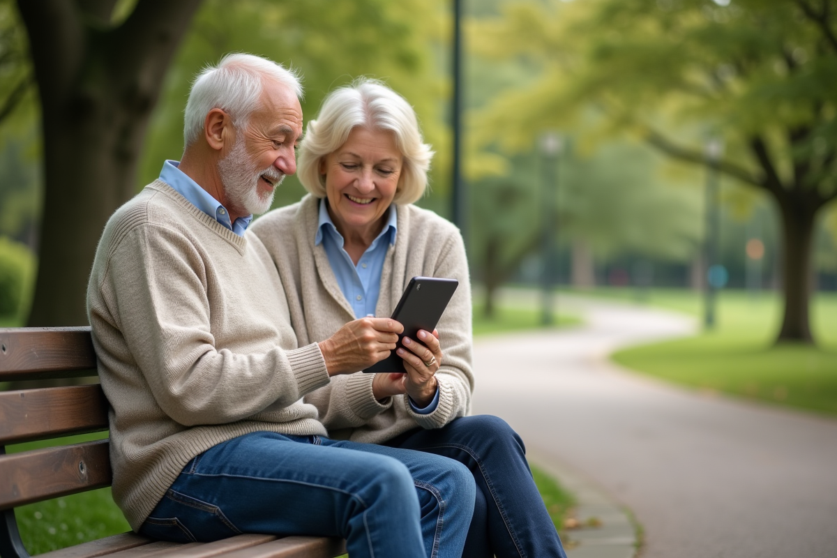 Couple âgé souriant en regardant une tablette dans un parc