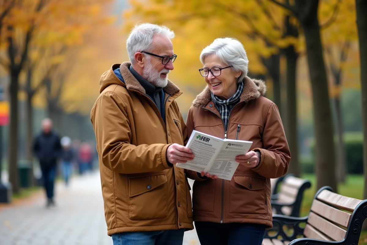 Couple âgé discutant dans un parc avec brochure d