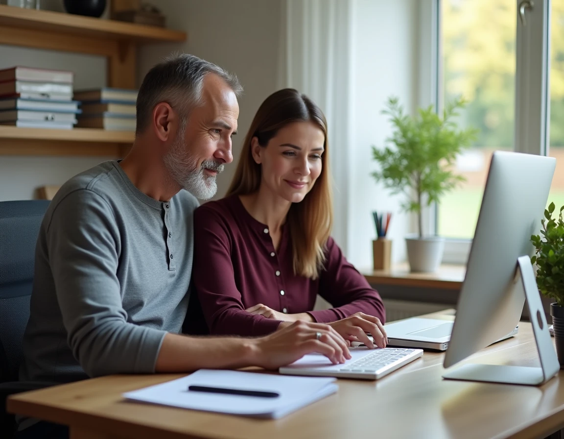 Couple recherchant ensemble une solution de prêt immédiat sans refus et sans intermédiaire bancaire sur ordinateur