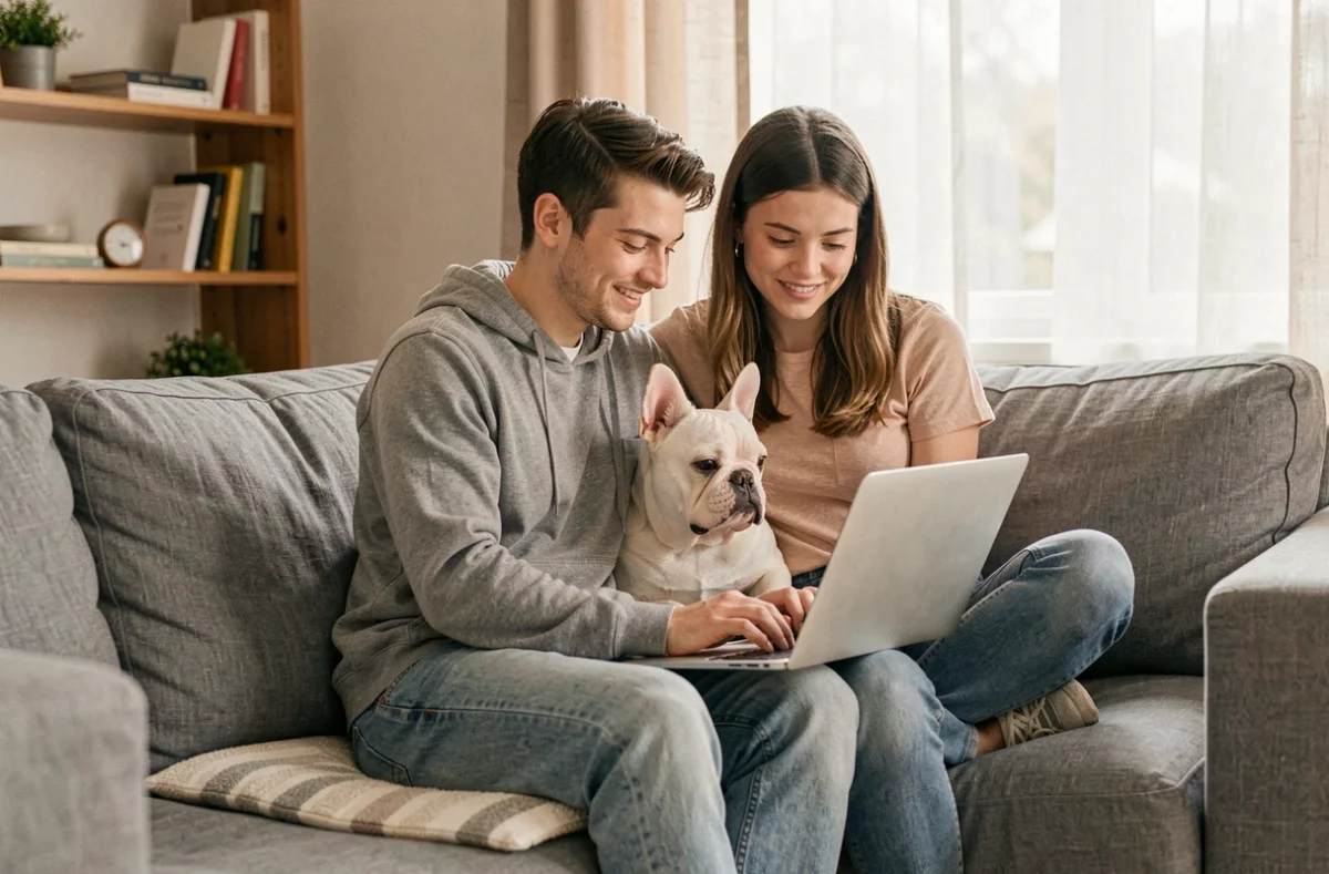 Jeune couple souscrivant une assurance pour leur bouledogue français sur un ordinateur portable dans un salon moderne et confortable
