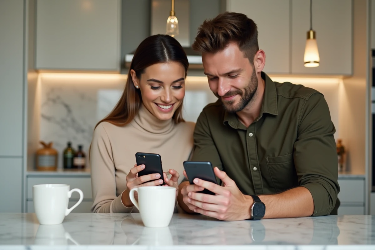 Couple consultant ensemble leur application de gestion de patrimoine BNP Banque Privée sur un smartphone dans une cuisine moderne