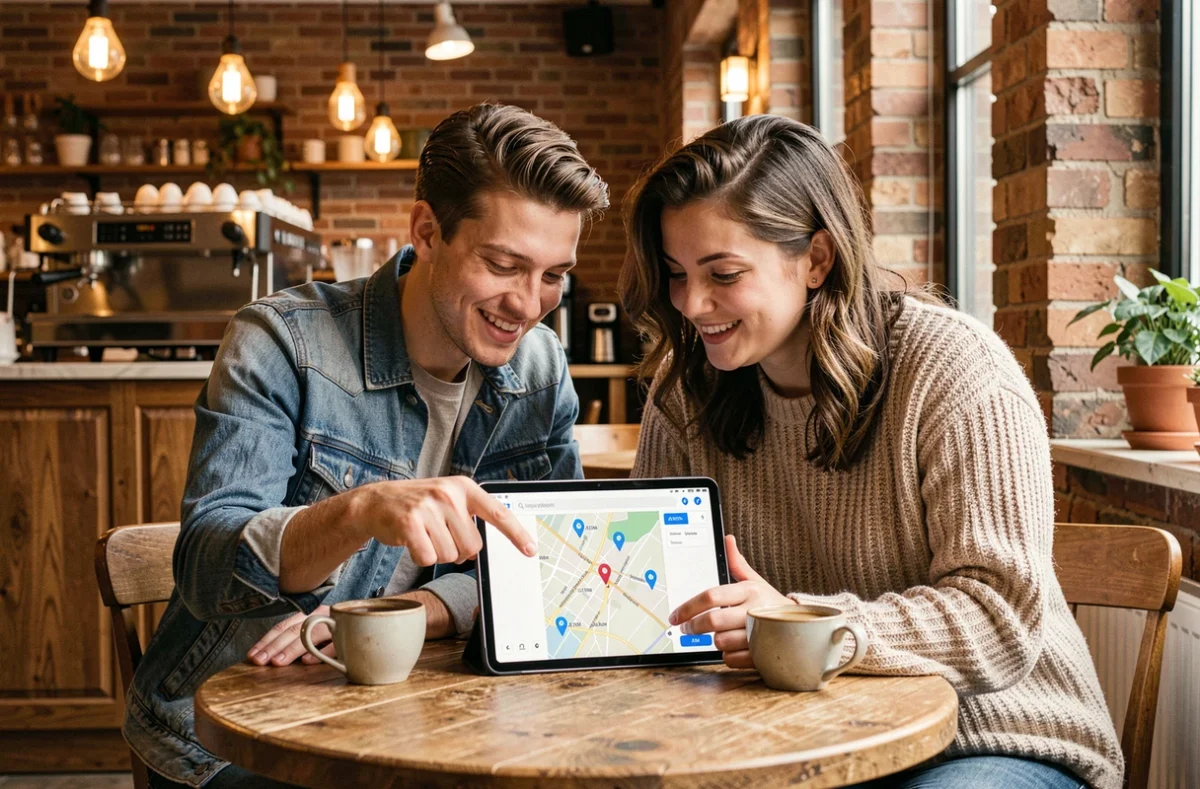 Couple cherchant un distributeur de billets proche sur une carte interactive depuis une tablette dans un café