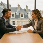 Deux courtiers en assurance emprunteur en Normandie discutant autour d'un bureau avec des documents de prêt immobilier