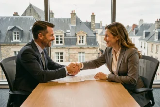 Deux courtiers en assurance emprunteur en Normandie discutant autour d'un bureau avec des documents de prêt immobilier