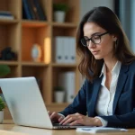 Femme utilisant l'espace client Cyberplus Banque Populaire Rives de Paris sur son ordinateur portable depuis son bureau à domicile