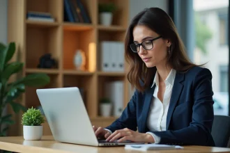 Femme utilisant l'espace client Cyberplus Banque Populaire Rives de Paris sur son ordinateur portable depuis son bureau à domicile
