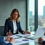 Directrice financière en réunion stratégique avec son équipe autour d'un tableau de bord financier en salle de conférence moderne