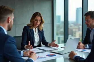 Directrice financière en réunion stratégique avec son équipe autour d'un tableau de bord financier en salle de conférence moderne