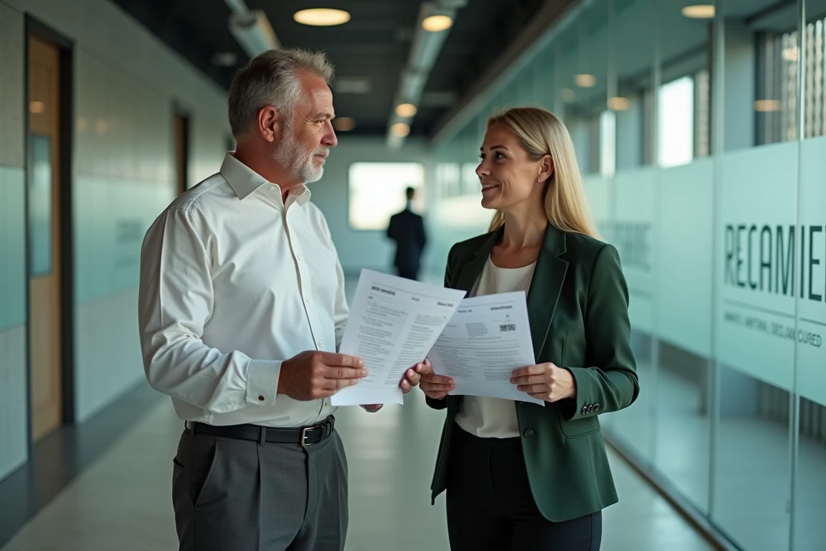 Collègues homme et femme discutant des écarts de rémunération dans un couloir d'entreprise en France