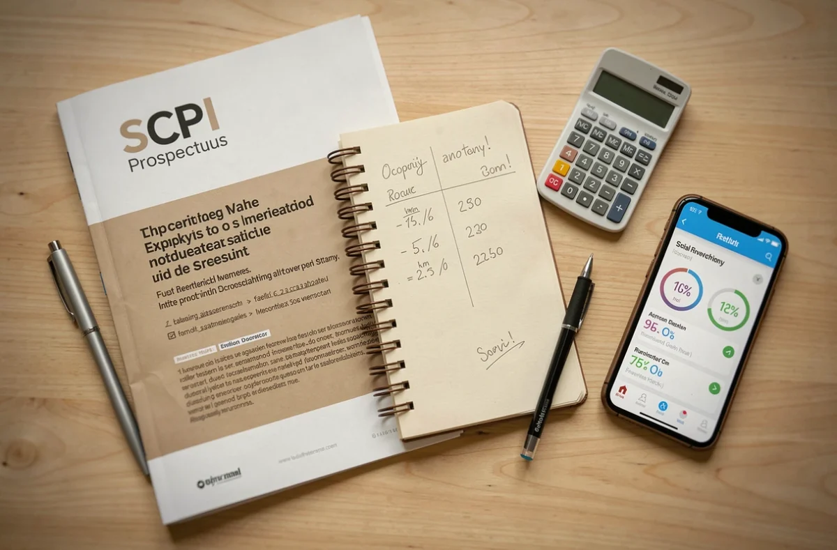 Vue aérienne d'un bureau avec documents financiers, calculs manuscrits et application mobile pour analyser une SCPI