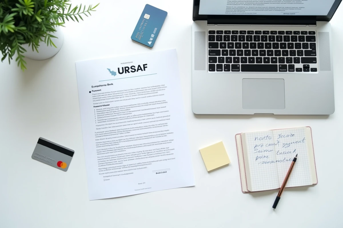 Vue aérienne des documents URSSAF, carte bancaire étrangère et confirmation de paiement en ligne sur ordinateur portable
