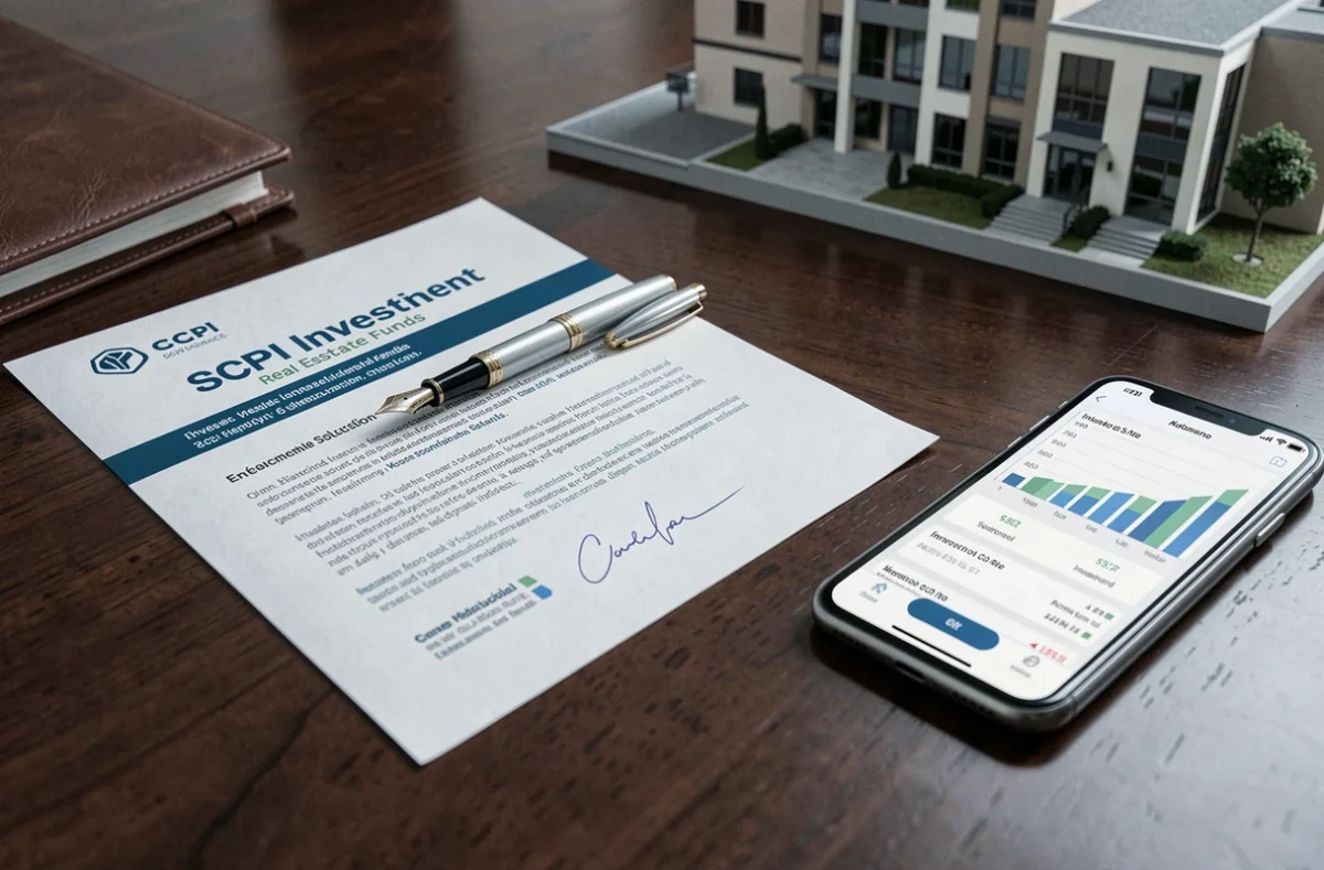 Documents de souscription SCPI en assurance vie avec contrat signé, stylo et application mobile de gestion de portefeuille sur table en chêne