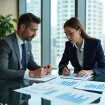 Homme et femme cadres analysant des données salariales dans une salle de réunion d'entreprise moderne