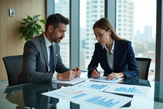 Homme et femme cadres analysant des données salariales dans une salle de réunion d'entreprise moderne