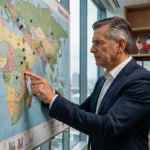 Économiste analysant une carte mondiale des pays émergents dans un bureau contemporain avec des épingles de couleur marquant les régions en développement