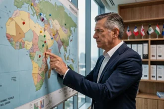 Économiste analysant une carte mondiale des pays émergents dans un bureau contemporain avec des épingles de couleur marquant les régions en développement
