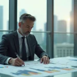 Économiste analysant le classement PIB mondial 2026 dans un bureau moderne avec vue sur la ville