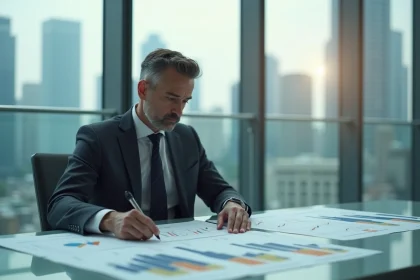 Économiste analysant le classement PIB mondial 2026 dans un bureau moderne avec vue sur la ville