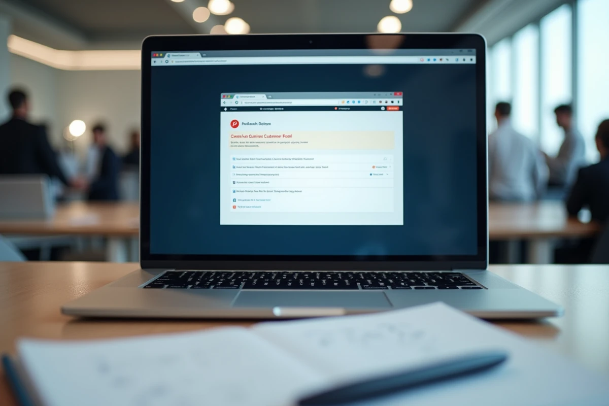 Écran d'ordinateur affichant une page d'erreur d'espace client avec un bloc-notes de résolution de problèmes sur un bureau de bureau