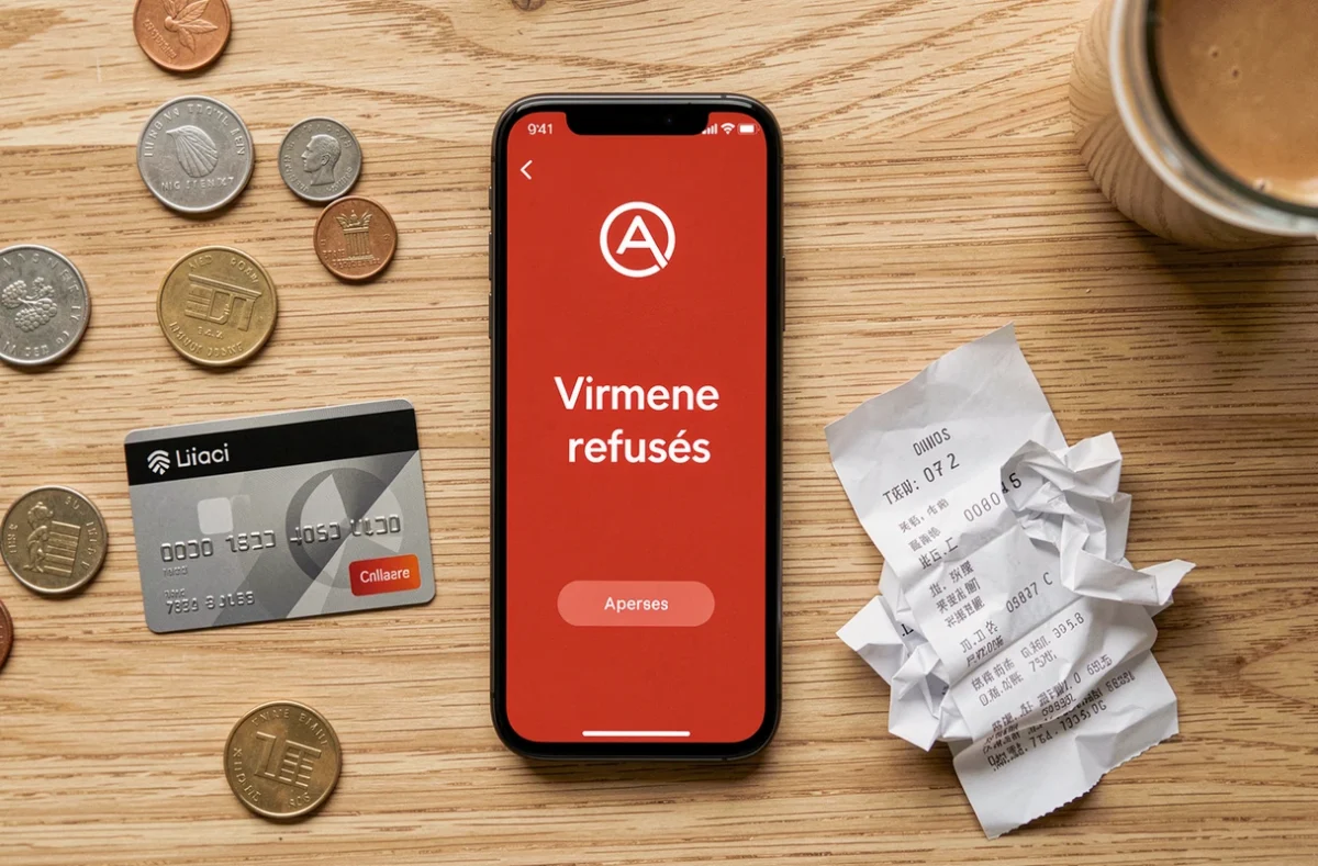 Écran de smartphone affichant un refus de virement instantané avec carte bancaire et reçu sur un bureau en bois
