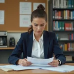 Enseignante titulaire examinant ses fiches de paie dans la salle des professeurs d'une école