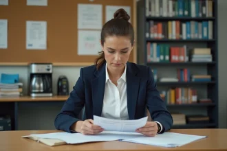 Enseignante titulaire examinant ses fiches de paie dans la salle des professeurs d'une école