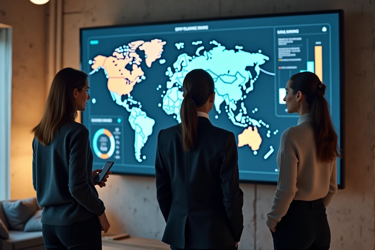 Équipe professionnelle discutant des données du classement économique mondial devant un écran d'infographie