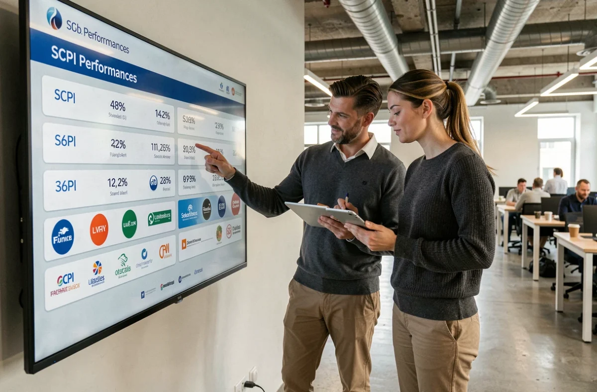 Deux collègues analysant ensemble le palmarès des SCPI sur un écran mural dans un espace coworking contemporain